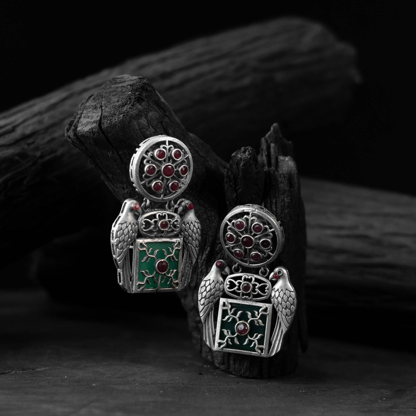 Red & Green Bird Saanjh Bela Oxidised Earrings
