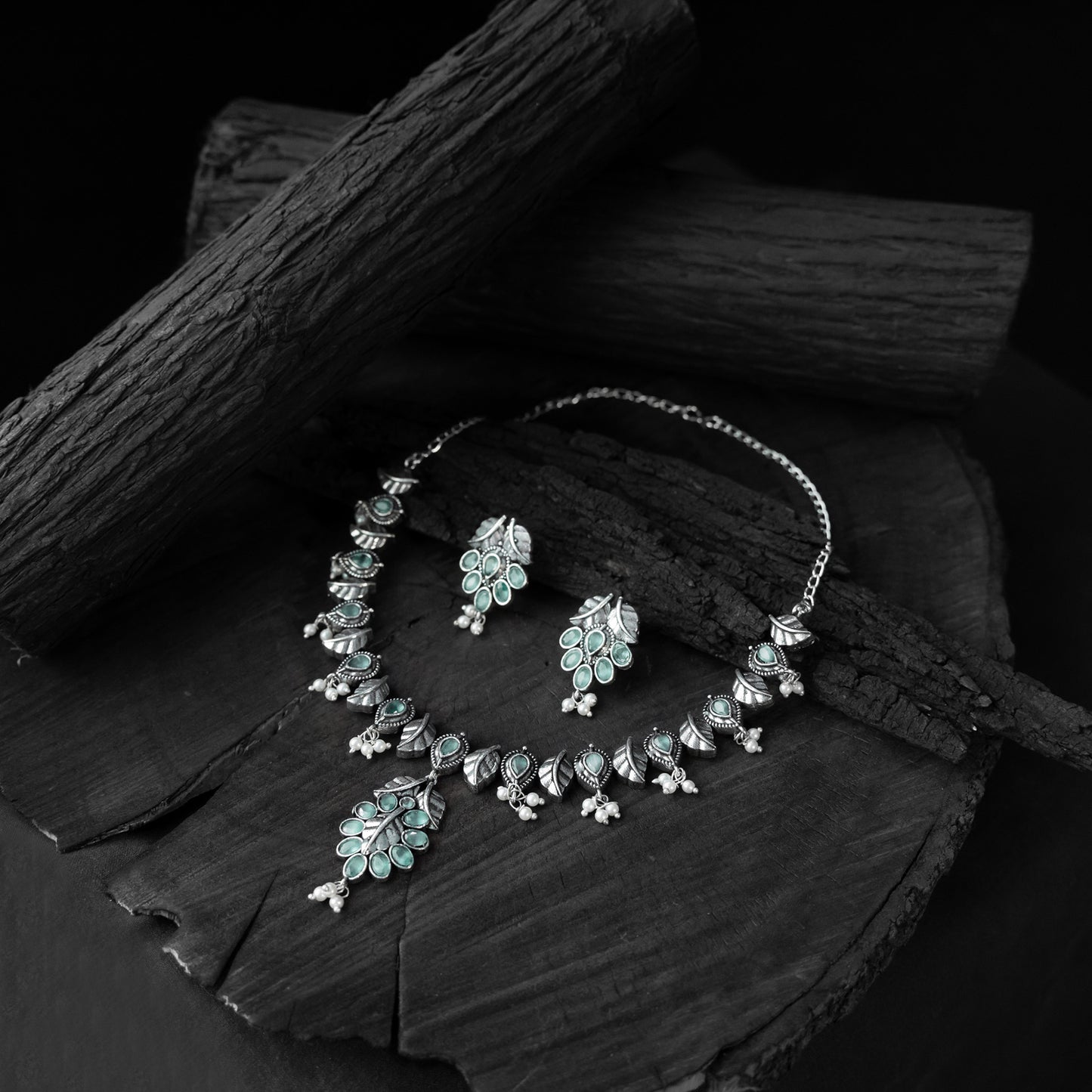 Saanjh Bela Sea Green Leaves Oxidised Necklace Set