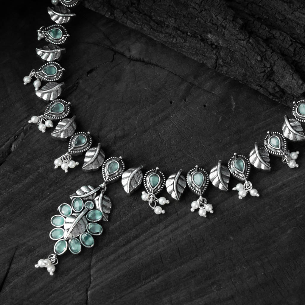 Saanjh Bela Sea Green Leaves Oxidised Necklace Set