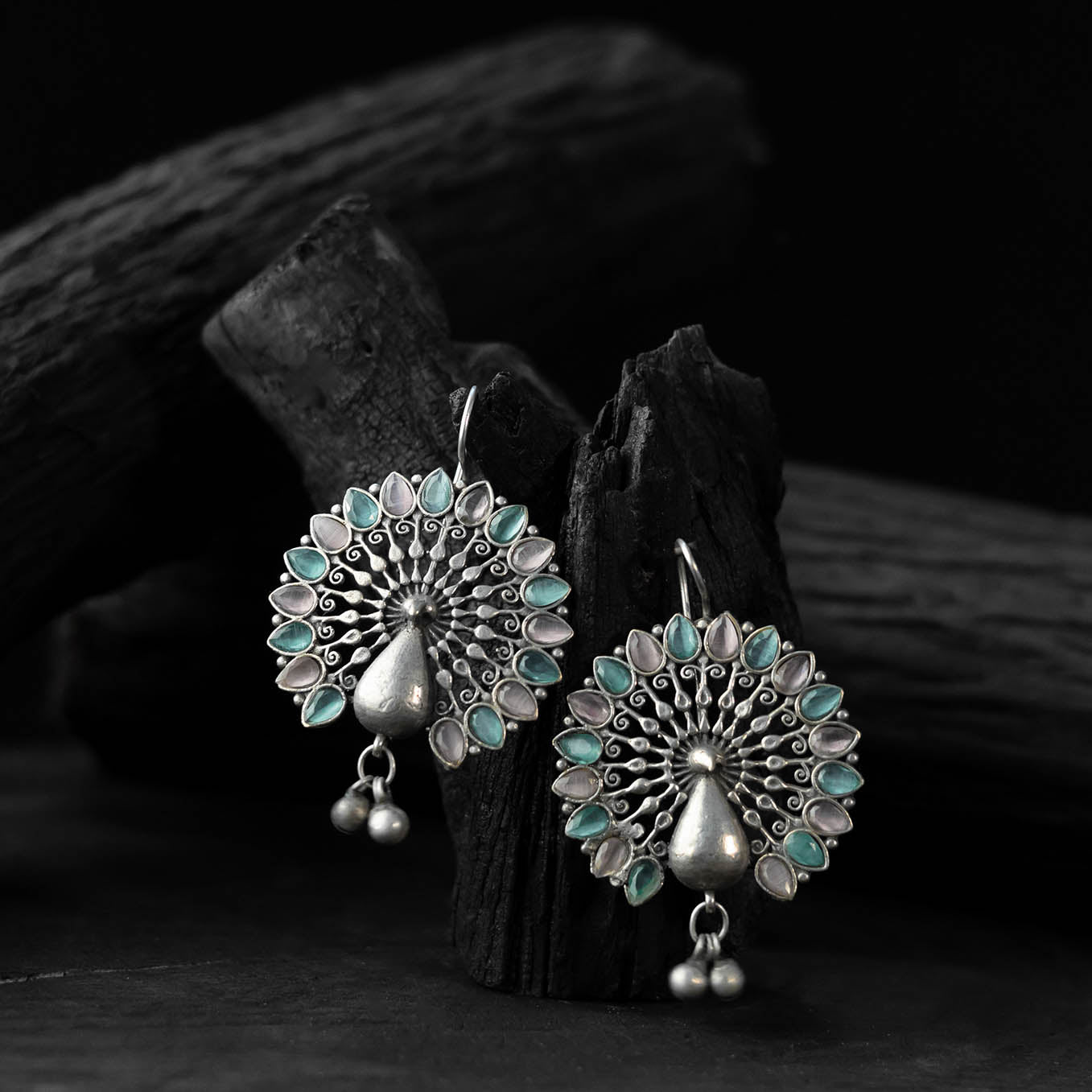 Saanjh Bela Mayuri Green & Pink Oxidised Earrings