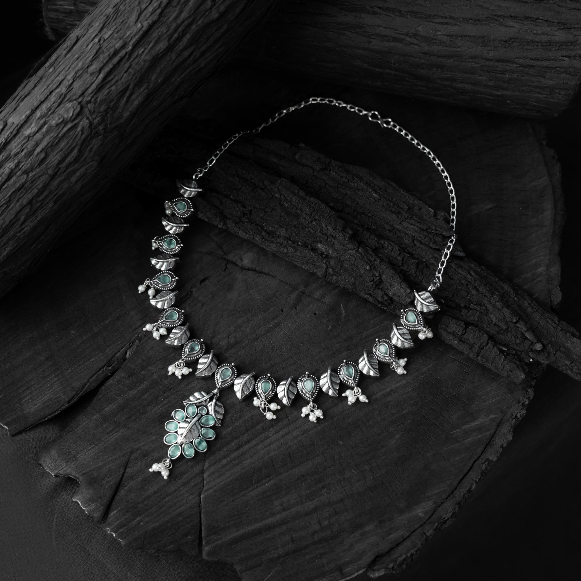 Saanjh Bela Sea Green Leaves Oxidised Necklace Set