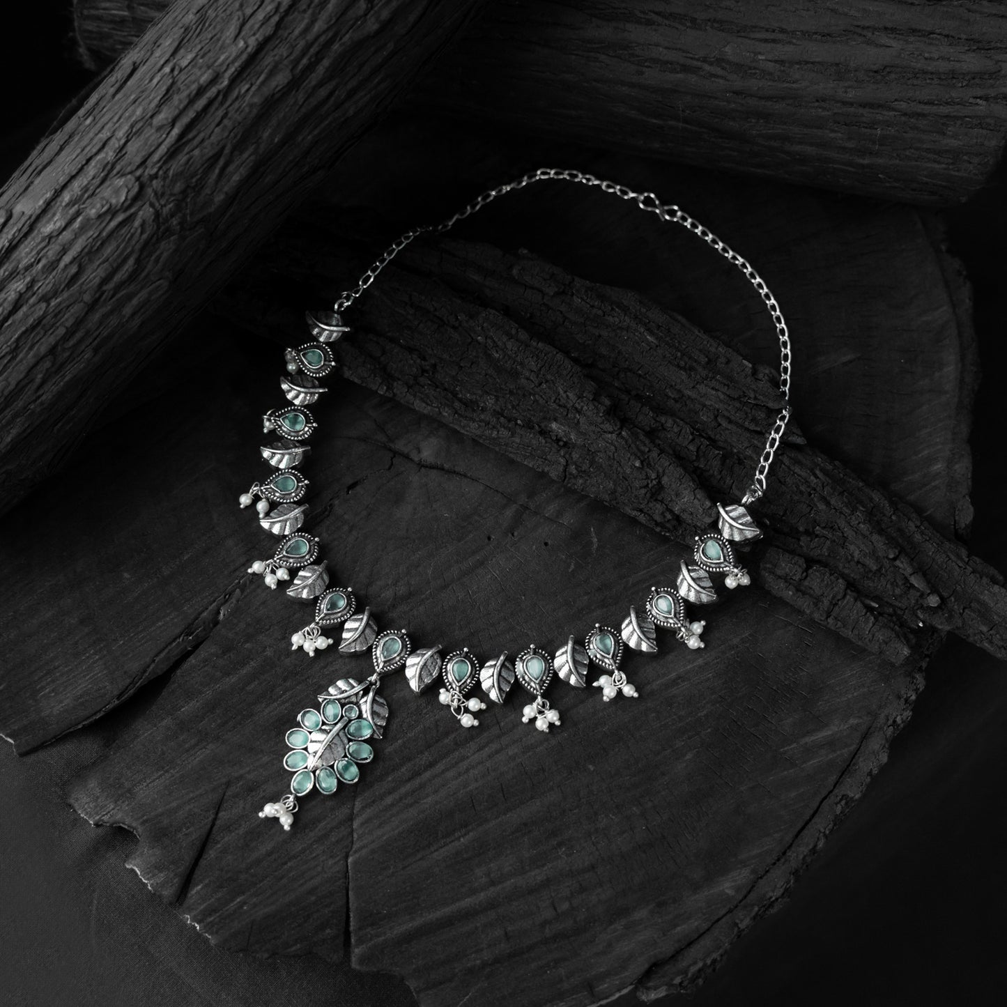 Saanjh Bela Sea Green Leaves Oxidised Necklace Set