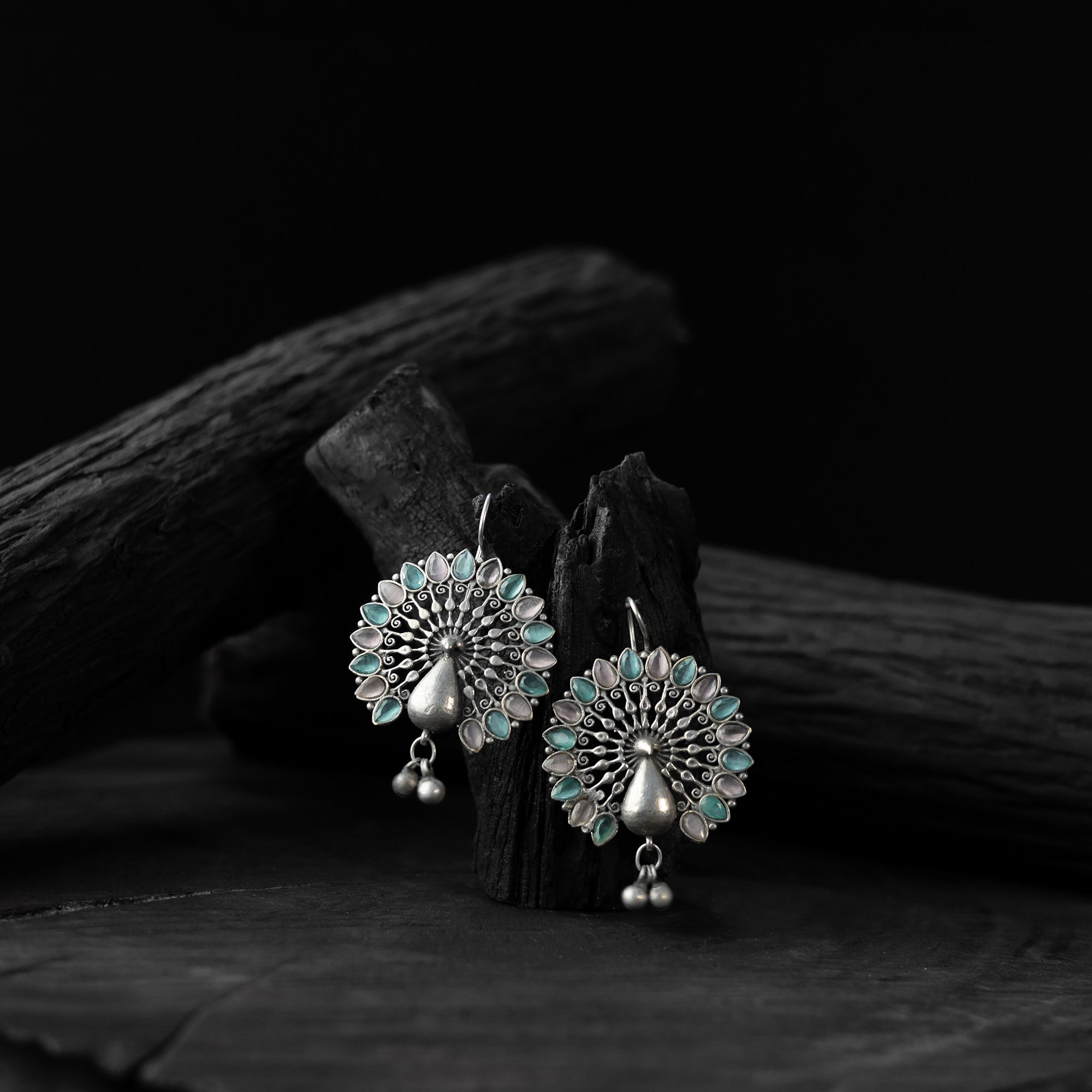 Saanjh Bela Mayuri Green & Pink Oxidised Earrings