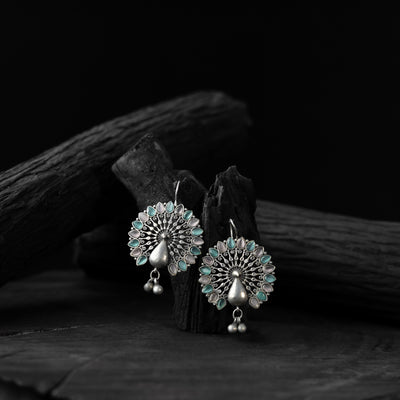 Saanjh Bela Mayuri Green & Pink Oxidised Earrings