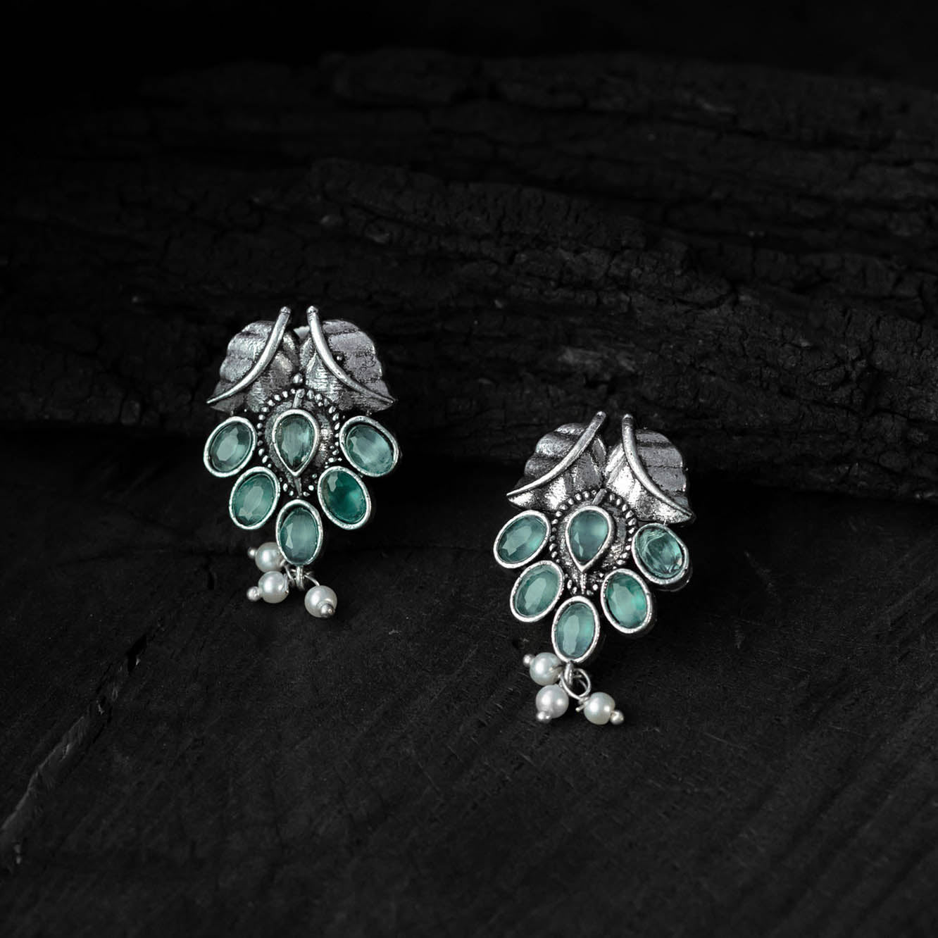 Saanjh Bela Sea Green Leaves Oxidised Necklace Set