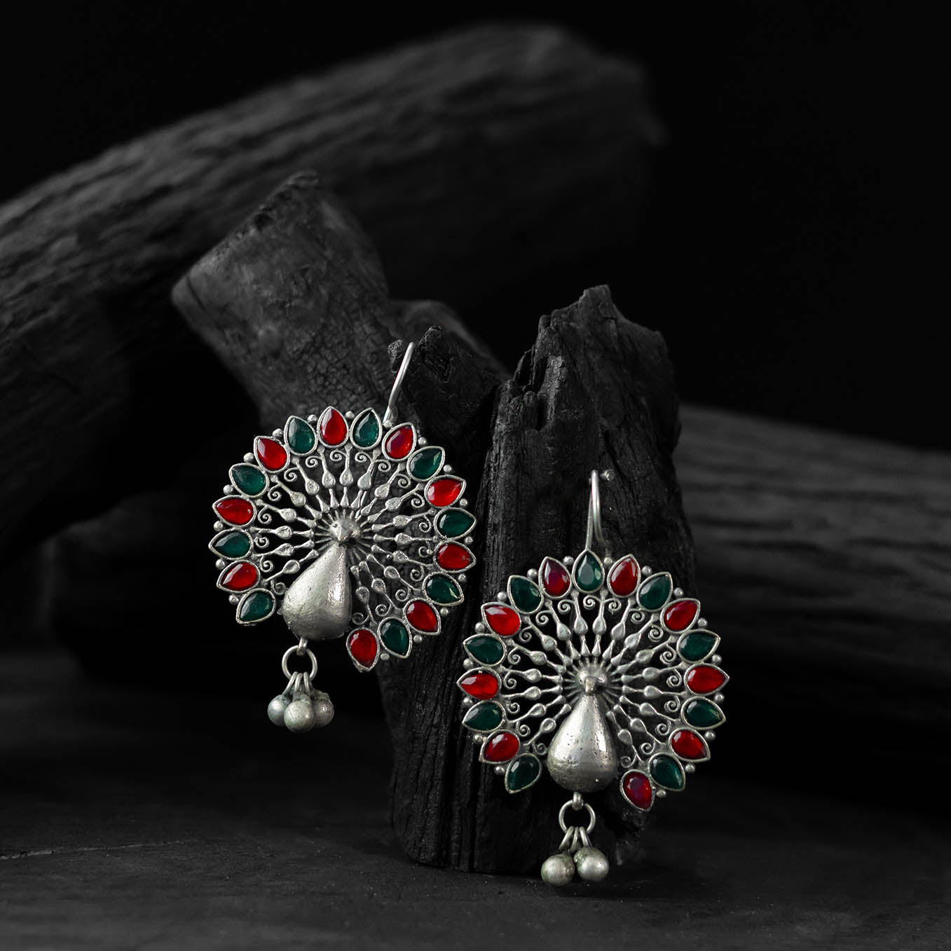 Saanjh Bela Mayuri Ruby & Green Oxidised Earrings