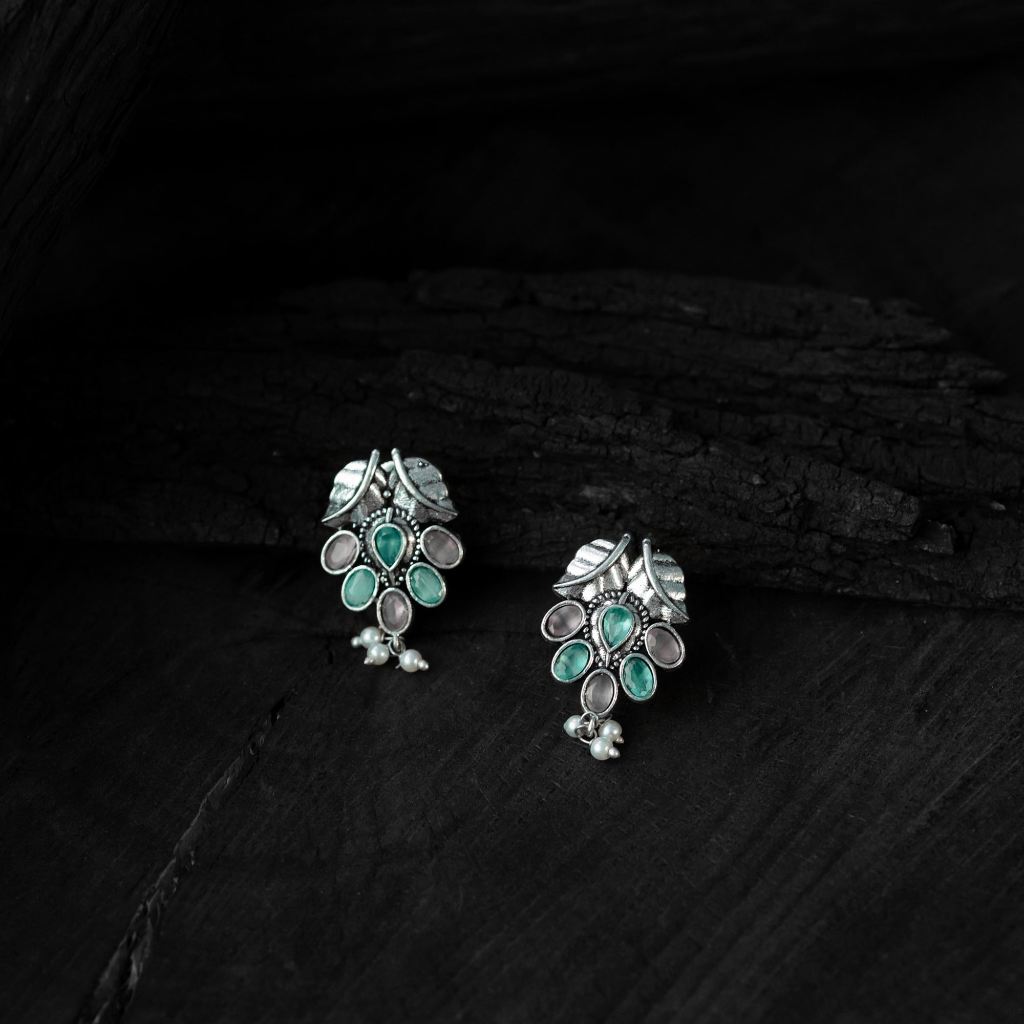 Saanjh Bela Pink & Sea Green Leaves Oxidised Necklace Set