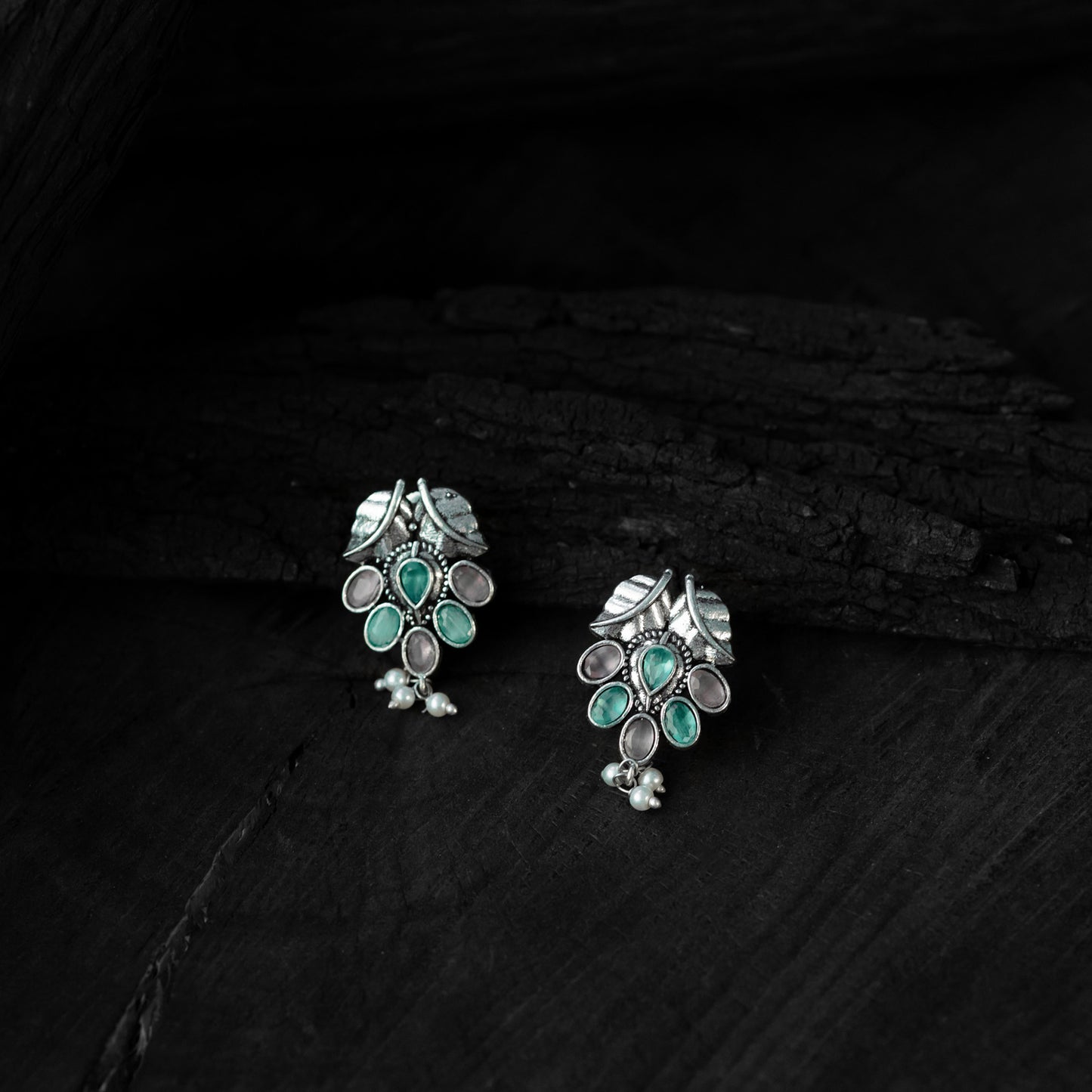 Saanjh Bela Pink & Sea Green Leaves Oxidised Necklace Set