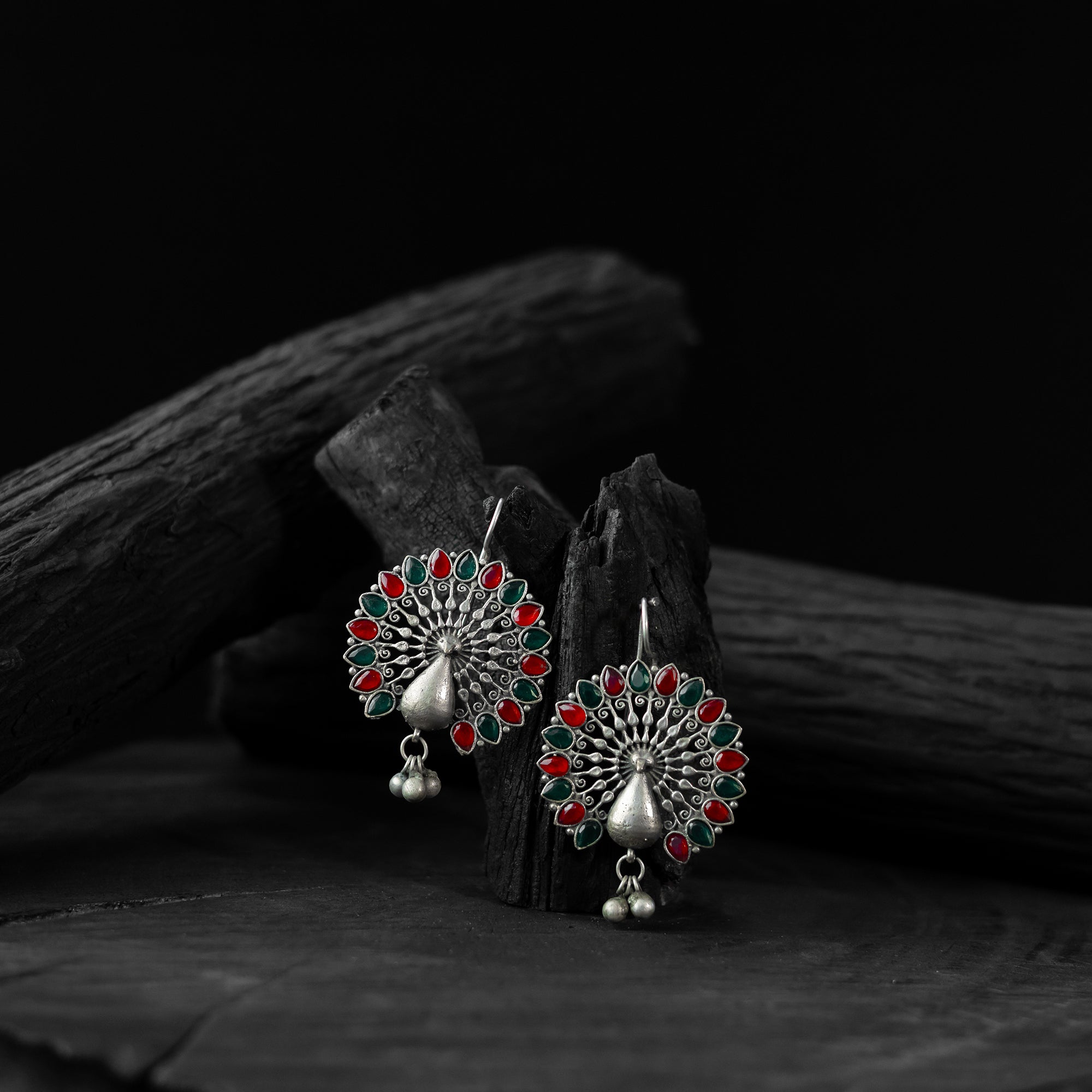 Saanjh Bela Mayuri Ruby & Green Oxidised Earrings