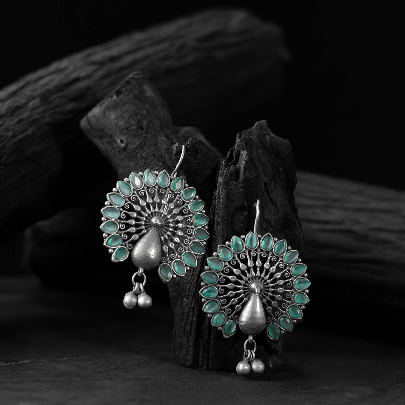 Saanjh Bela Mayuri Light Green Oxidised Earrings