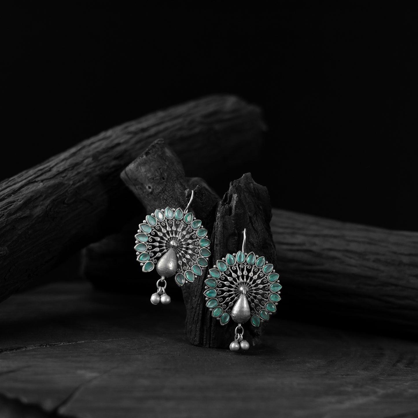Saanjh Bela Mayuri Light Green Oxidised Earrings