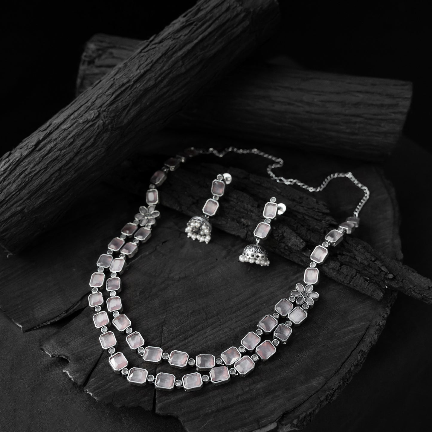 Saanjh Bela Light Pink Double Layered Oxidised Necklace Set
