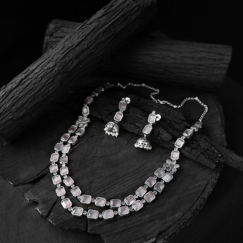 Saanjh Bela Light Pink Double Layered Oxidised Necklace Set