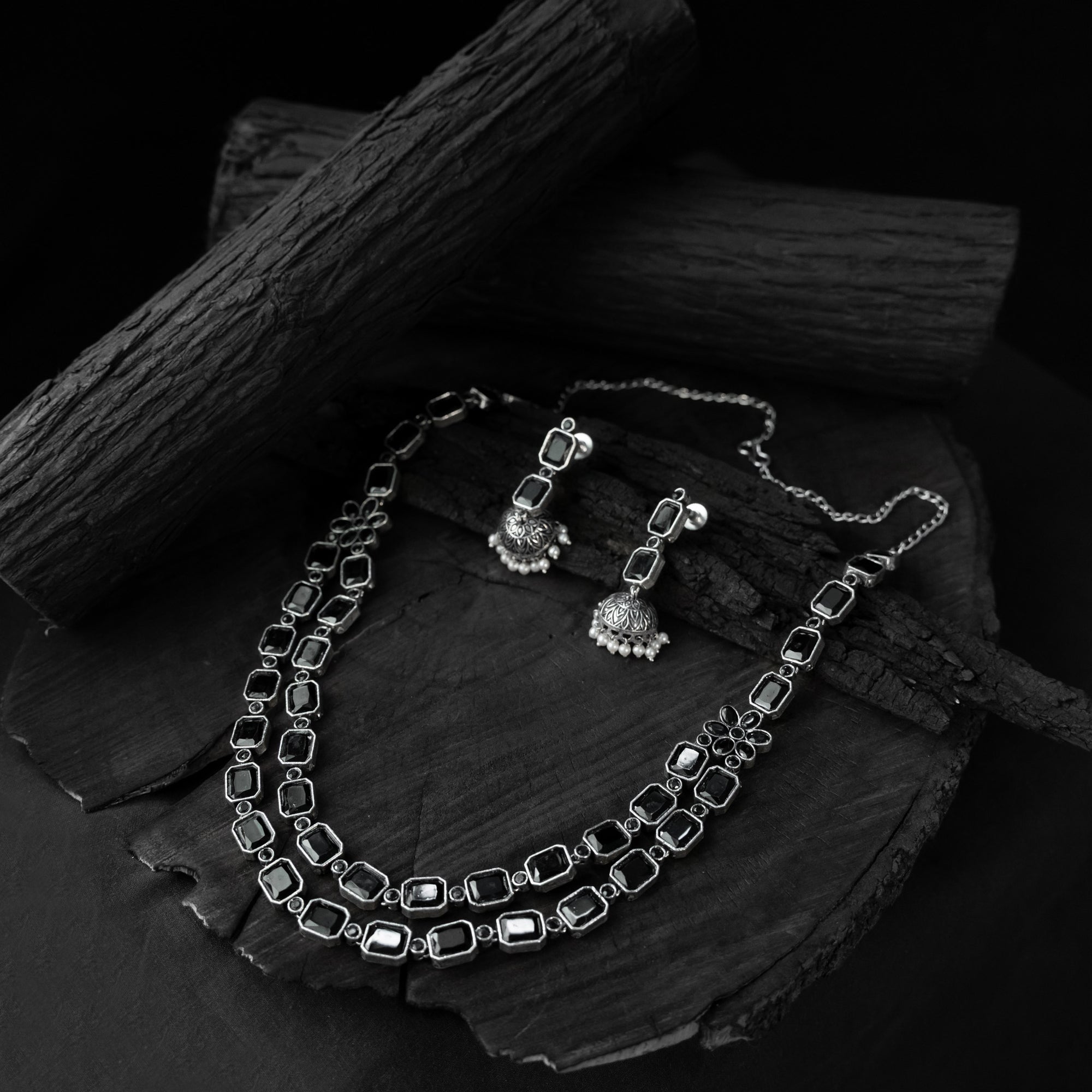 Saanjh Bela Black Double Layered Oxidised Necklace Set