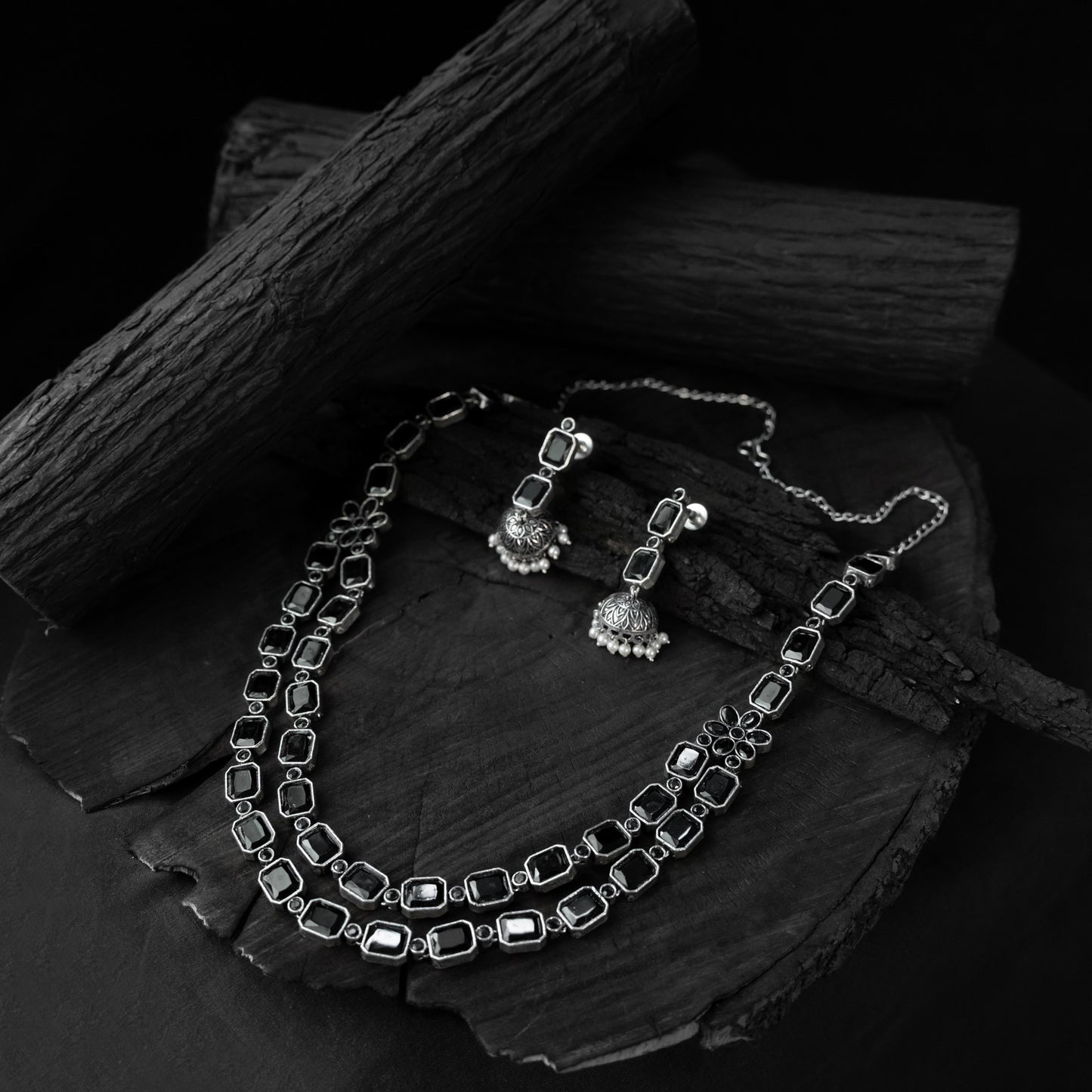 Saanjh Bela Black Double Layered Oxidised Necklace Set