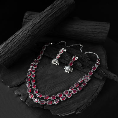 Saanjh Bela Pink Double Layered Oxidised Necklace Set