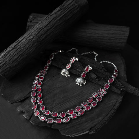 Saanjh Bela Pink Double Layered Oxidised Necklace Set