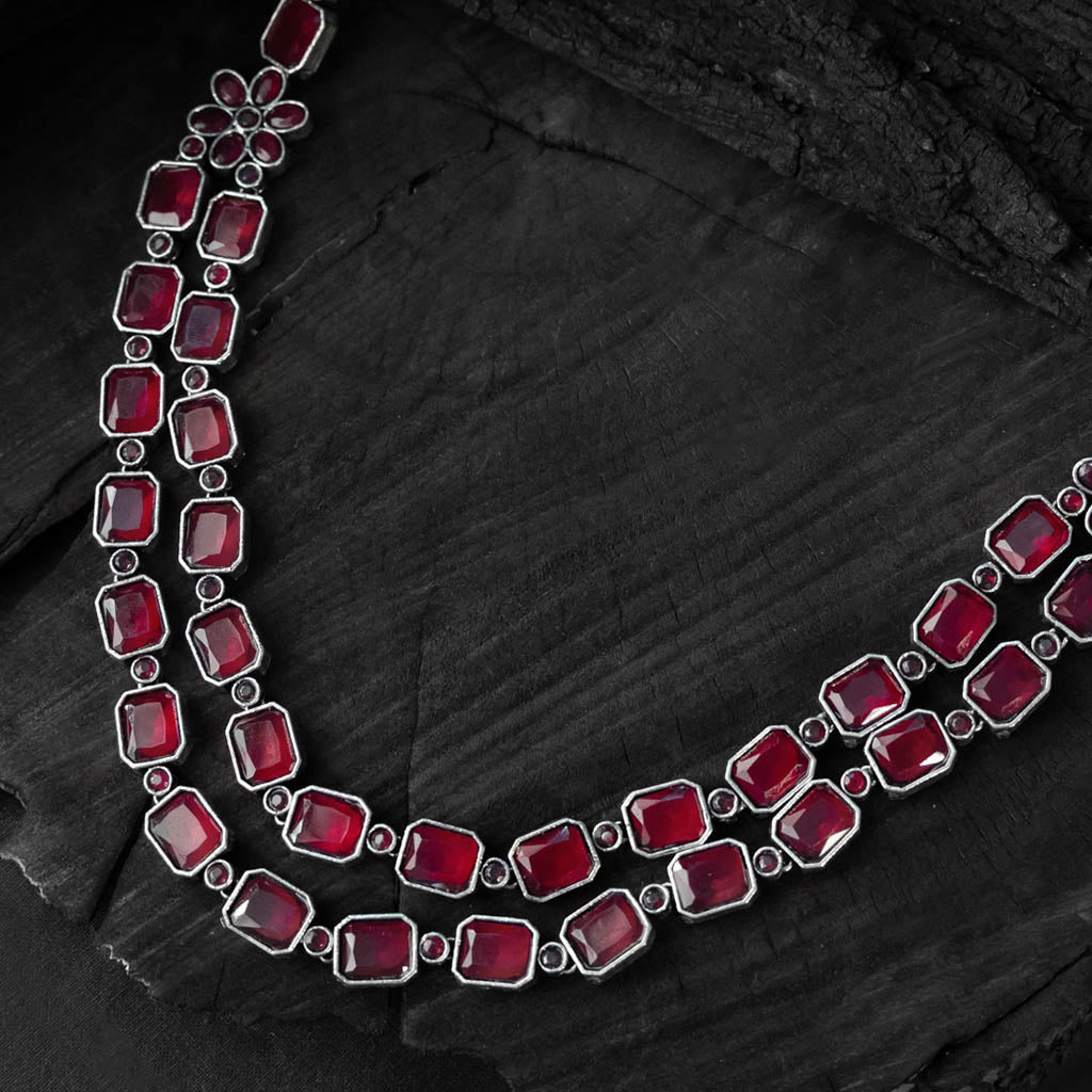 Saanjh Bela Pink Double Layered Oxidised Necklace Set