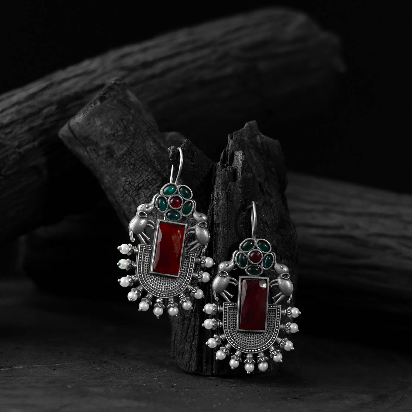 Saanjh Bela Red & Green Elephant Flower Oxidised Earrings