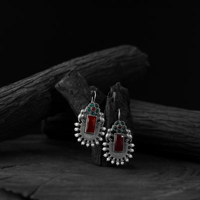 Saanjh Bela Red & Green Elephant Flower Oxidised Earrings
