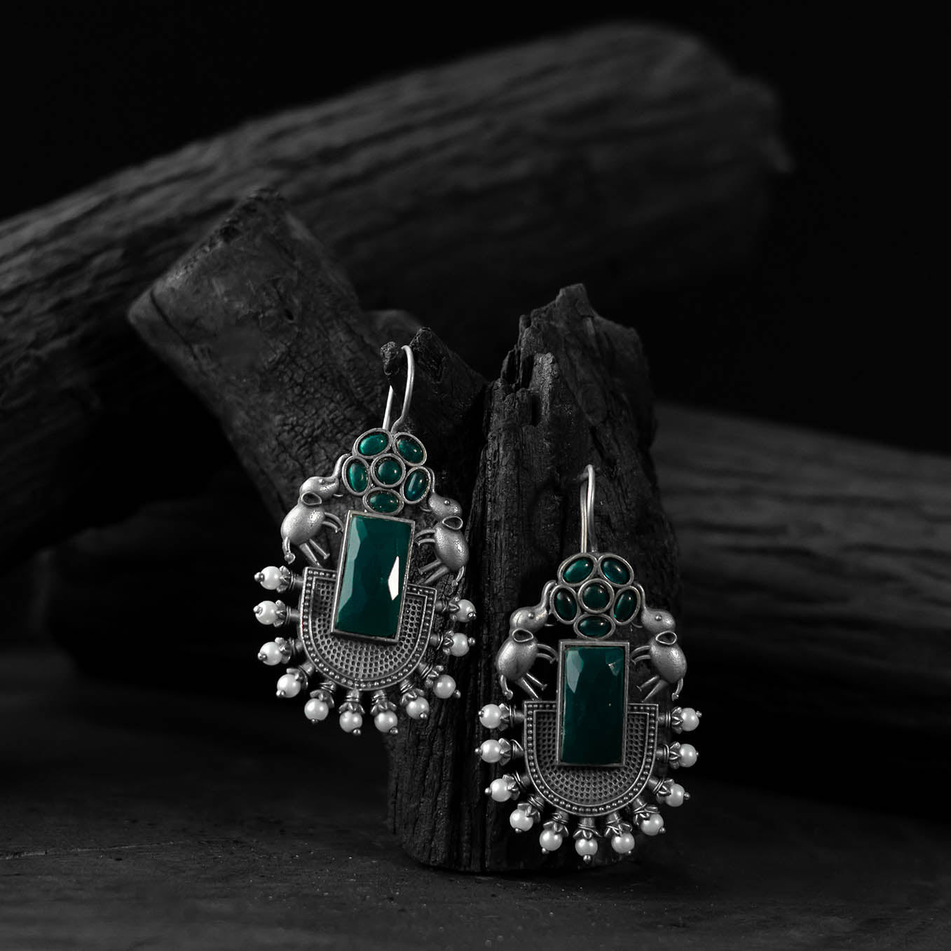 Saanjh Bela Green Elephant Flower Oxidised Earrings