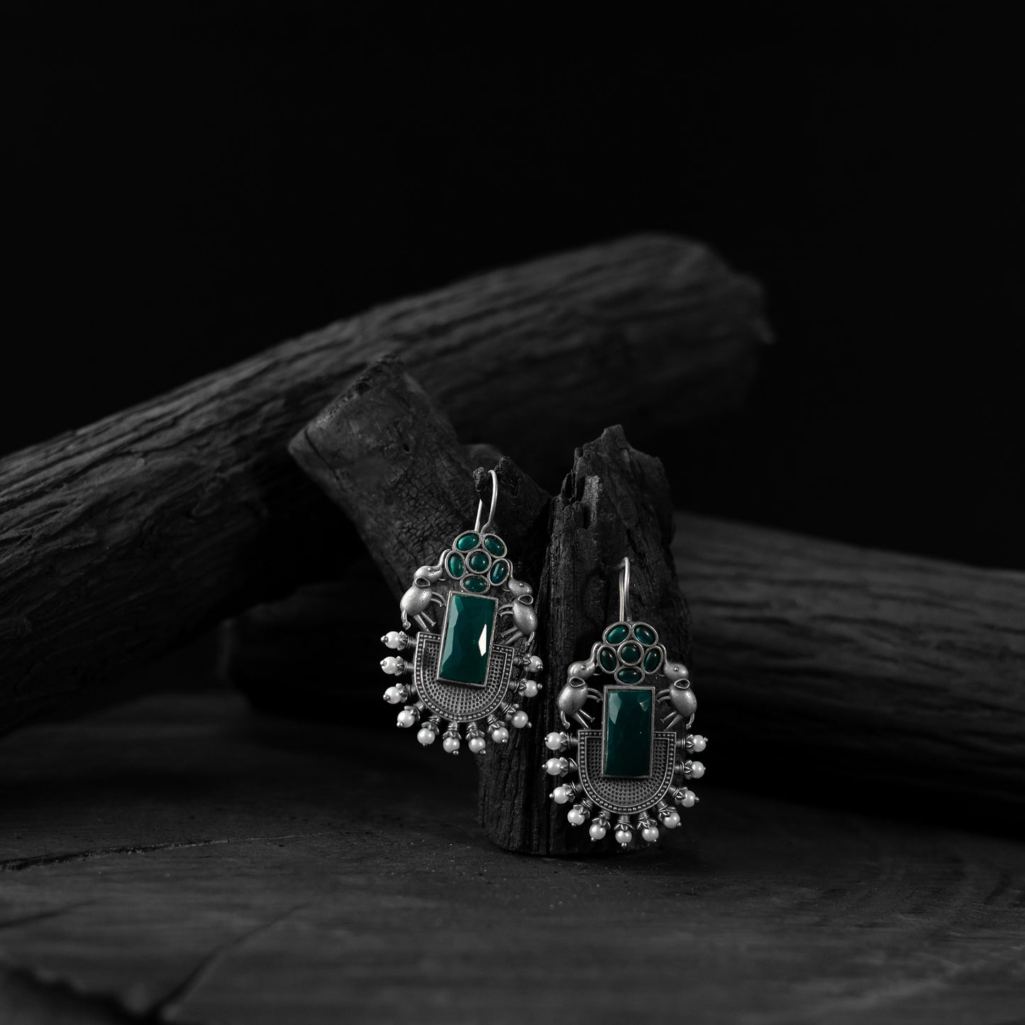 Saanjh Bela Green Elephant Flower Oxidised Earrings