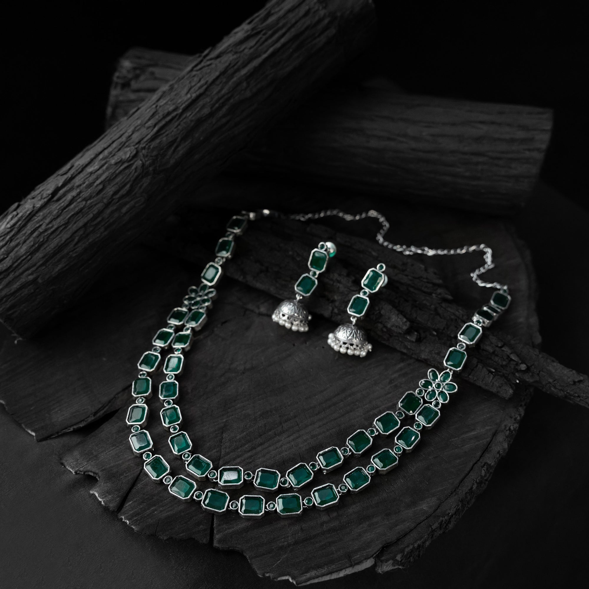 Saanjh Bela Green Double Layered Oxidised Necklace Set