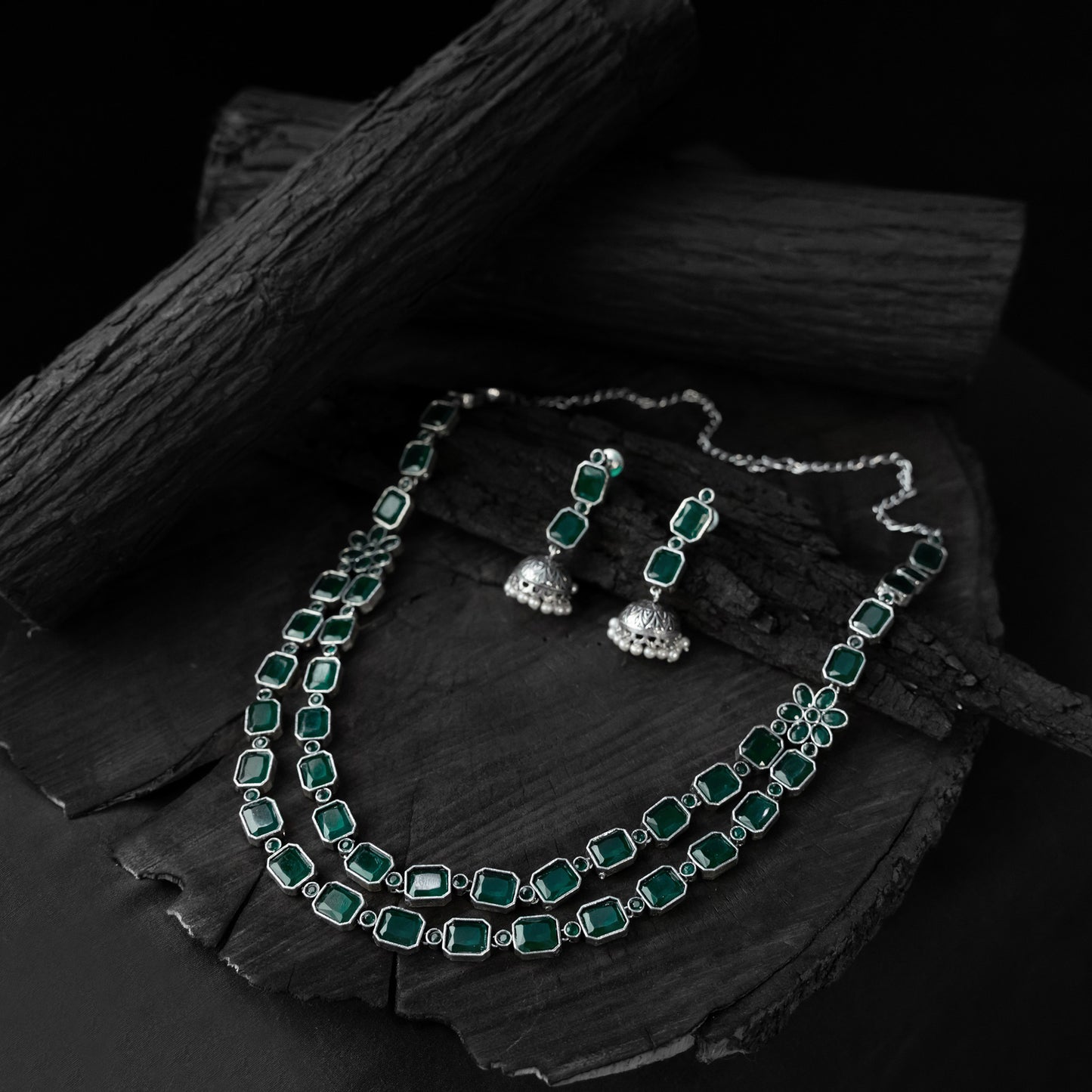 Saanjh Bela Green Double Layered Oxidised Necklace Set