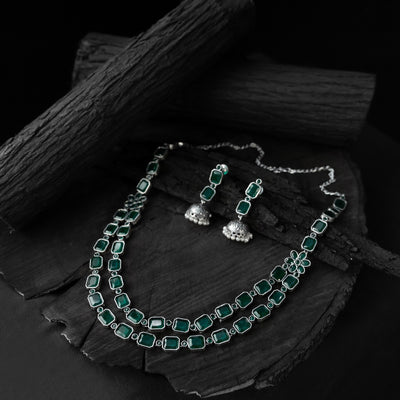 Saanjh Bela Green Double Layered Oxidised Necklace Set