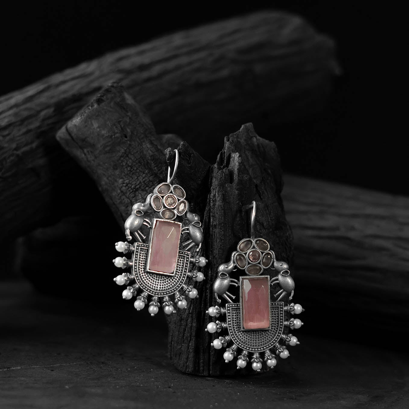 Saanjh Bela Pink Elephant Flower Oxidised Earrings