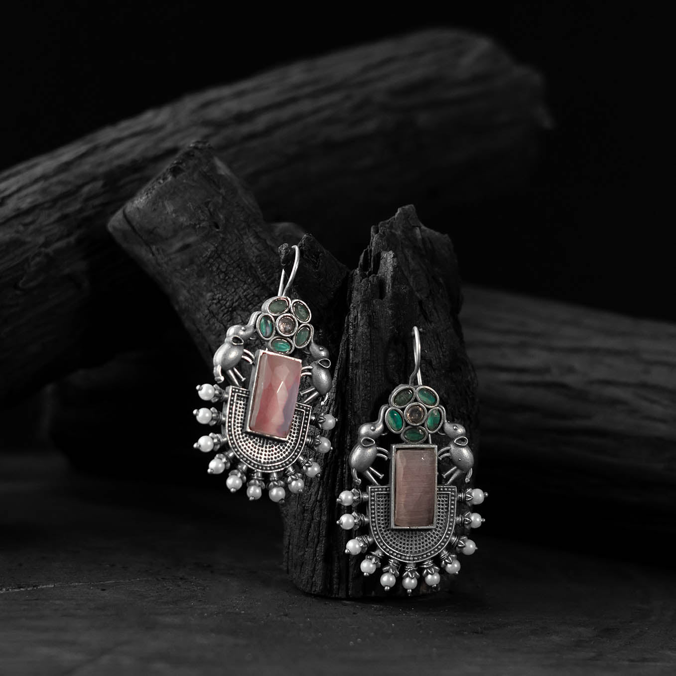 Saanjh Bela Green & Pink Elephant Flower Oxidised Earrings