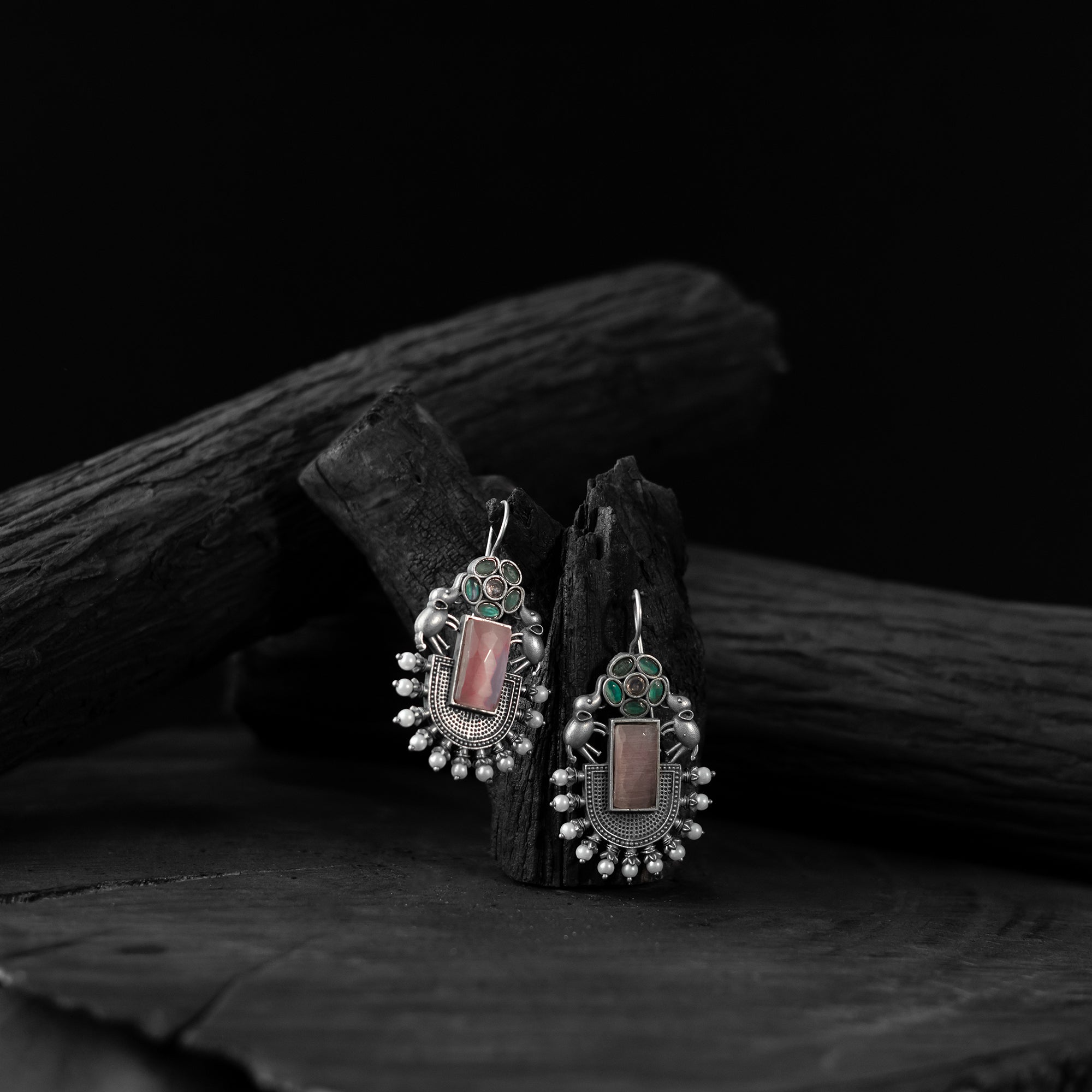 Saanjh Bela Green & Pink Elephant Flower Oxidised Earrings