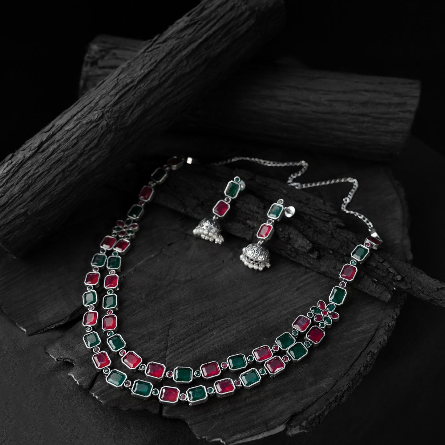 Saanjh Bela Green & Pink Double Layered Oxidised Necklace Set