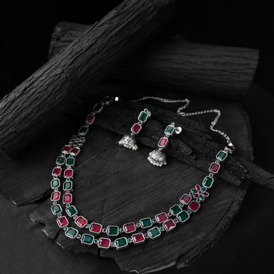 Saanjh Bela Green & Pink Double Layered Oxidised Necklace Set