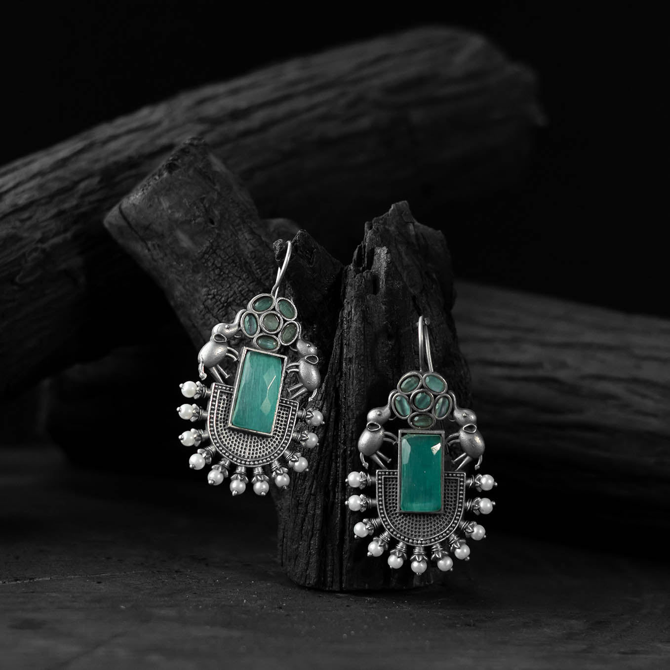 Saanjh Bela Turquoise Green Elephant Flower Oxidised Earrings