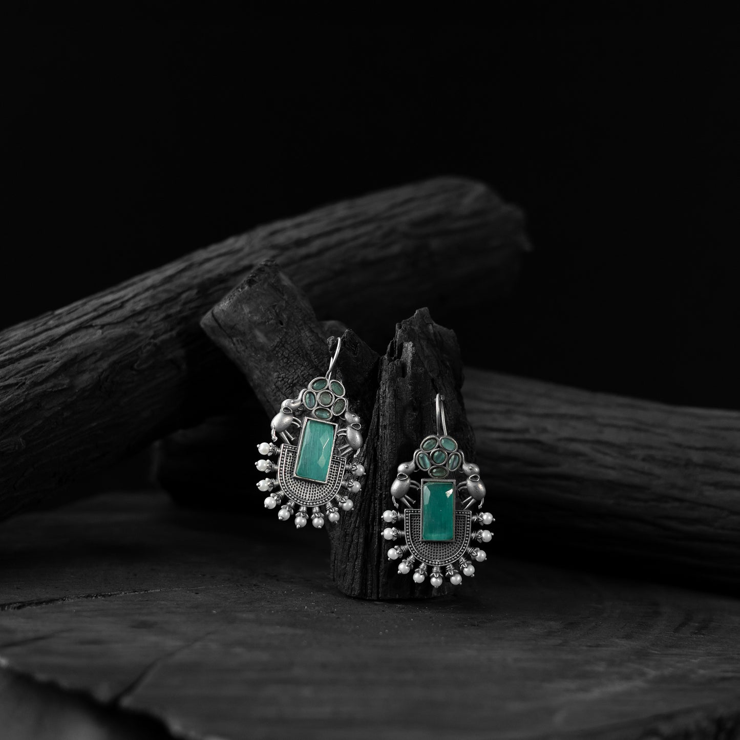 Saanjh Bela Turquoise Green Elephant Flower Oxidised Earrings