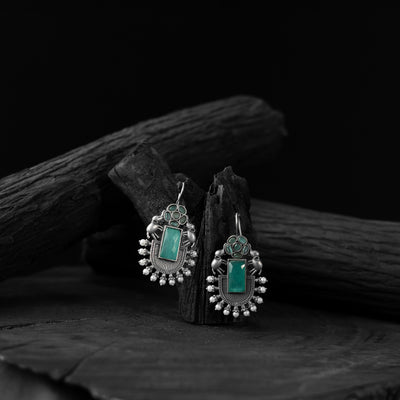 Saanjh Bela Turquoise Green Elephant Flower Oxidised Earrings