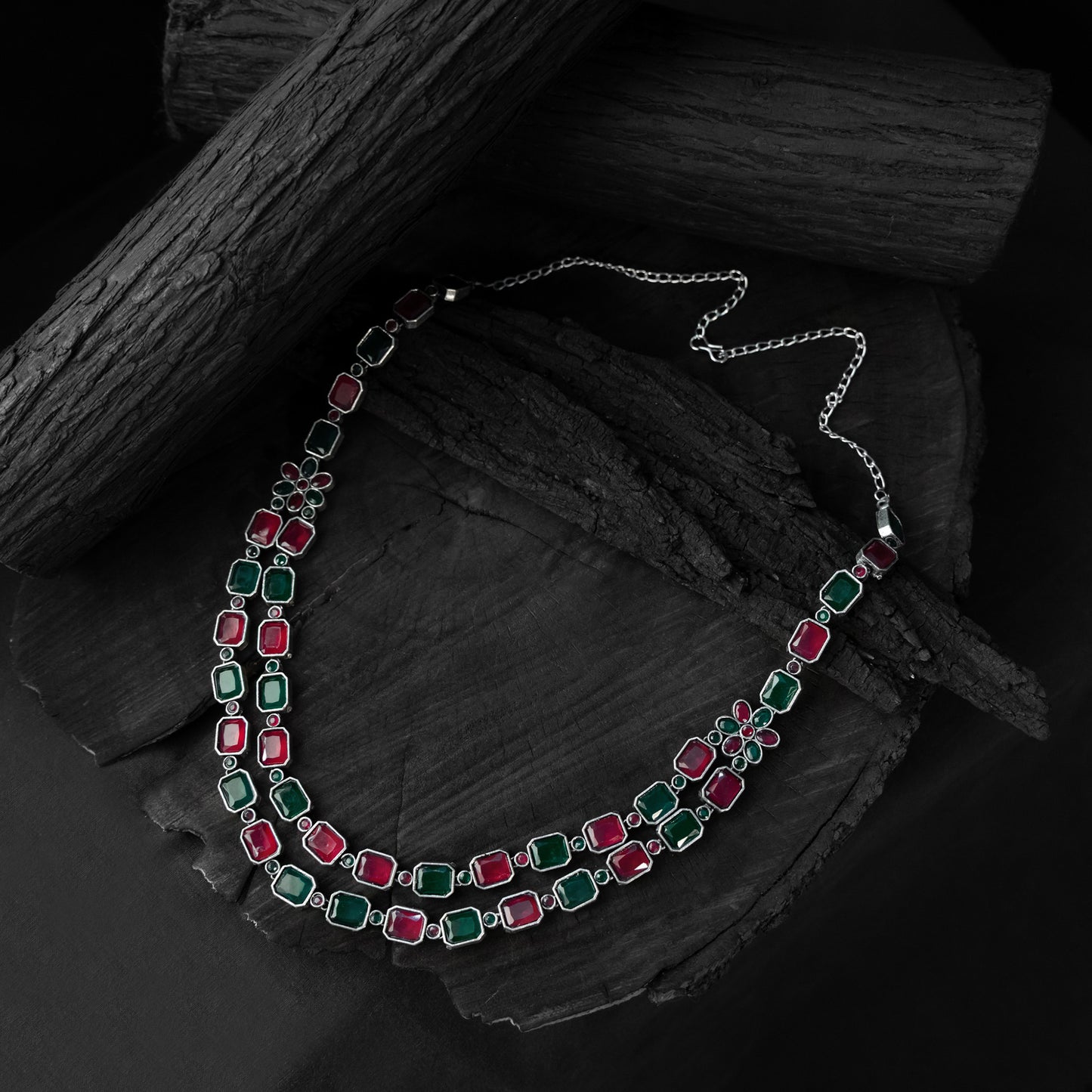 Saanjh Bela Green & Pink Double Layered Oxidised Necklace Set