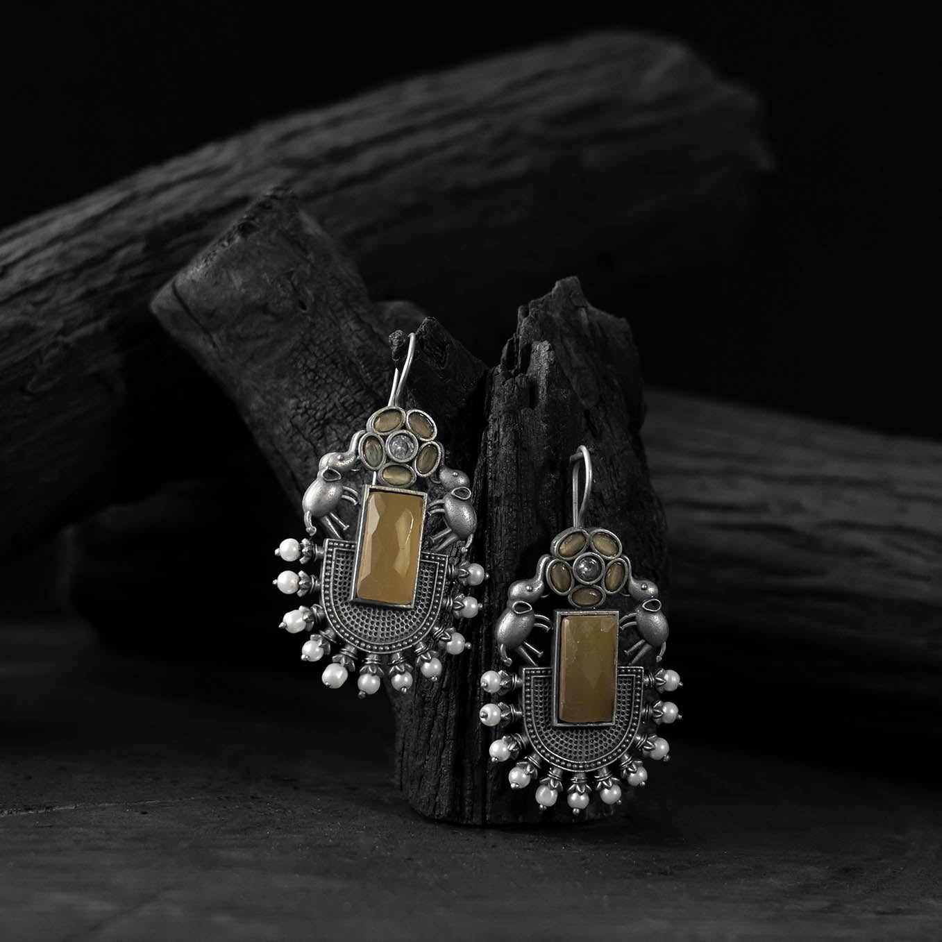 Saanjh Bela Yellow Elephant Flower Oxidised Earrings