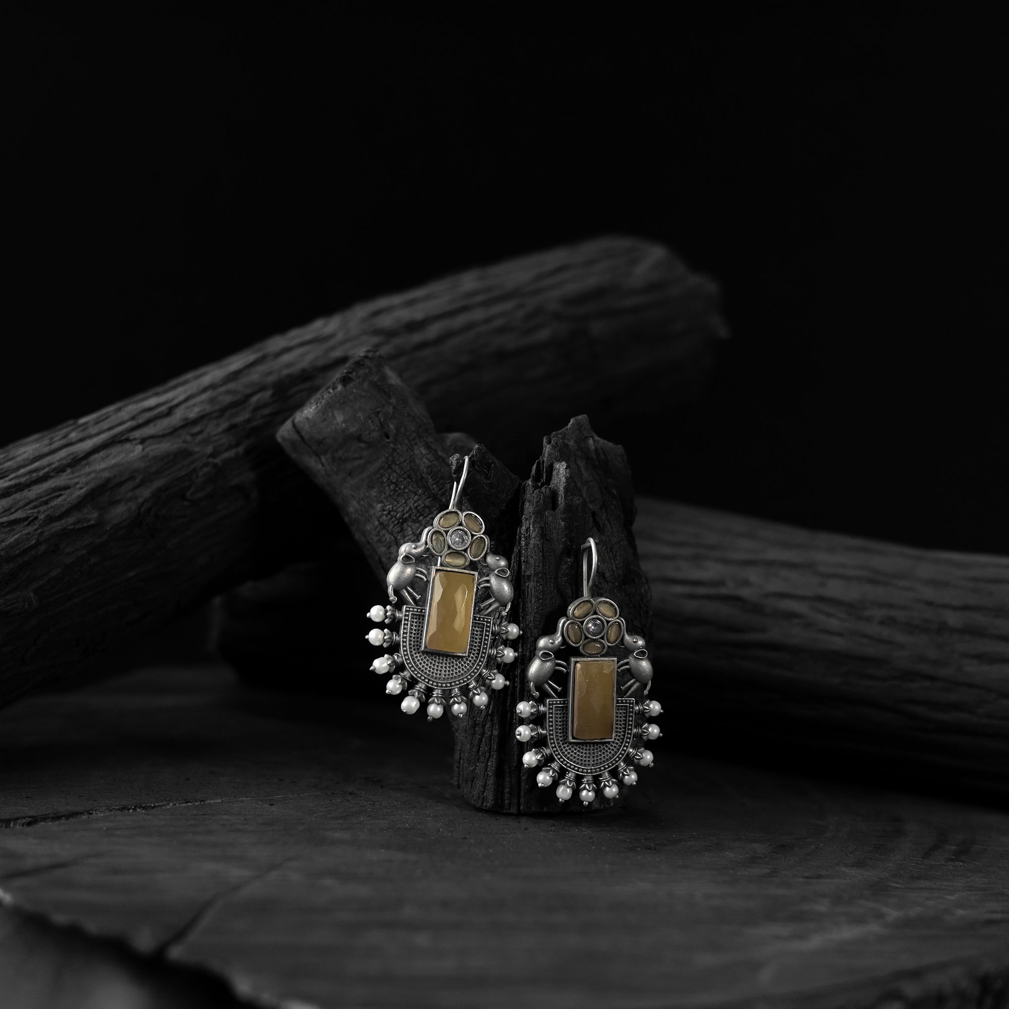 Saanjh Bela Yellow Elephant Flower Oxidised Earrings