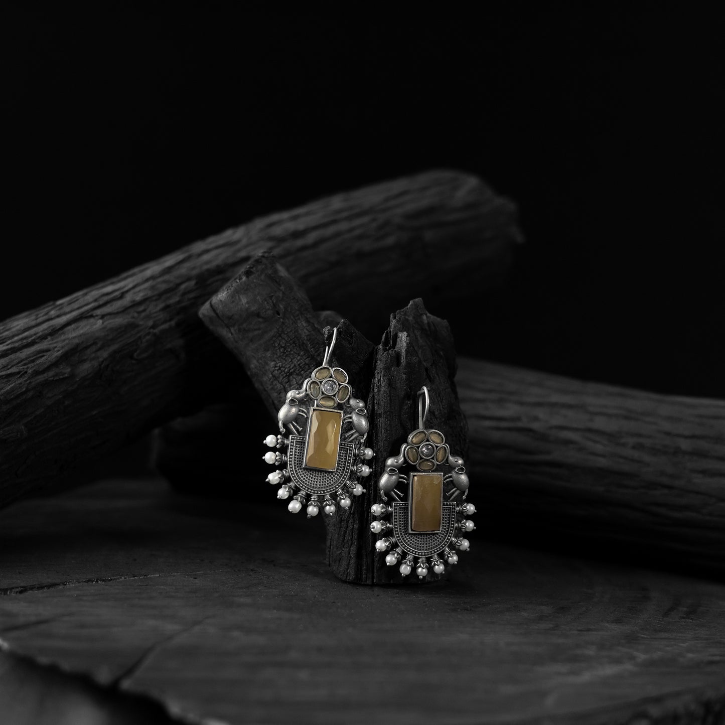 Saanjh Bela Yellow Elephant Flower Oxidised Earrings