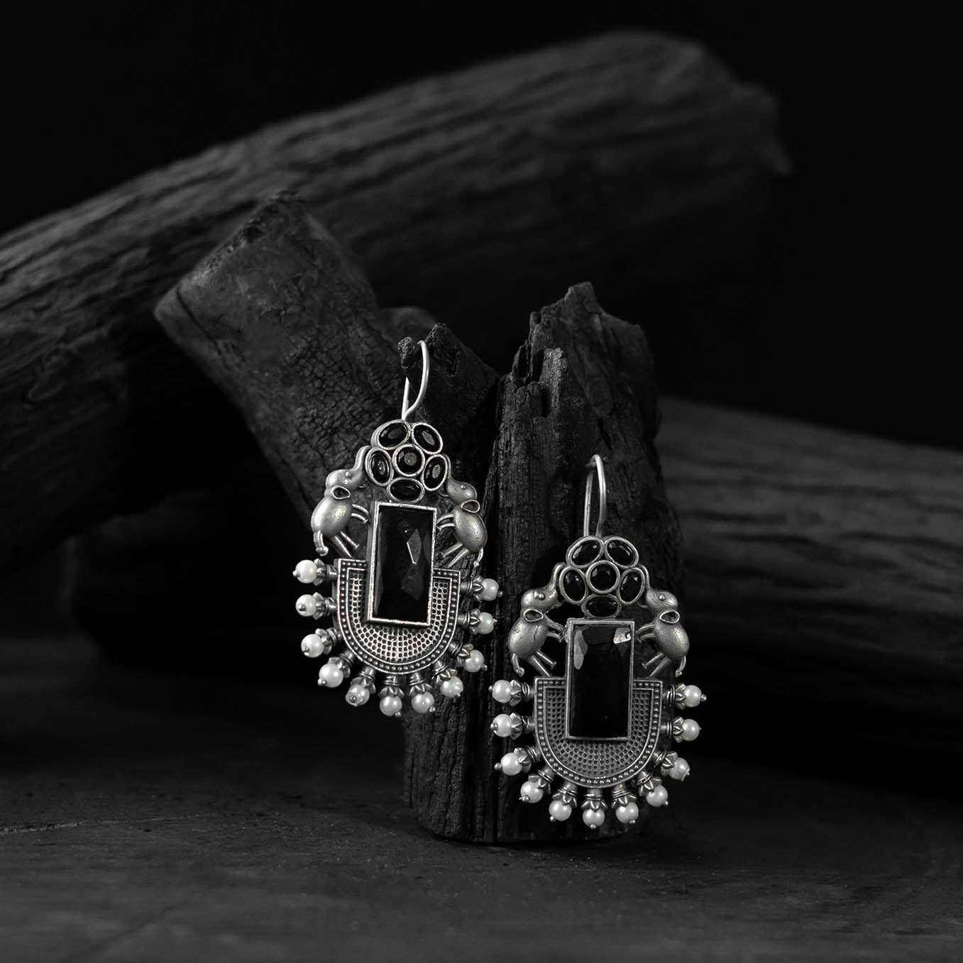 Saanjh Bela Black Elephant Flower Oxidised Earrings