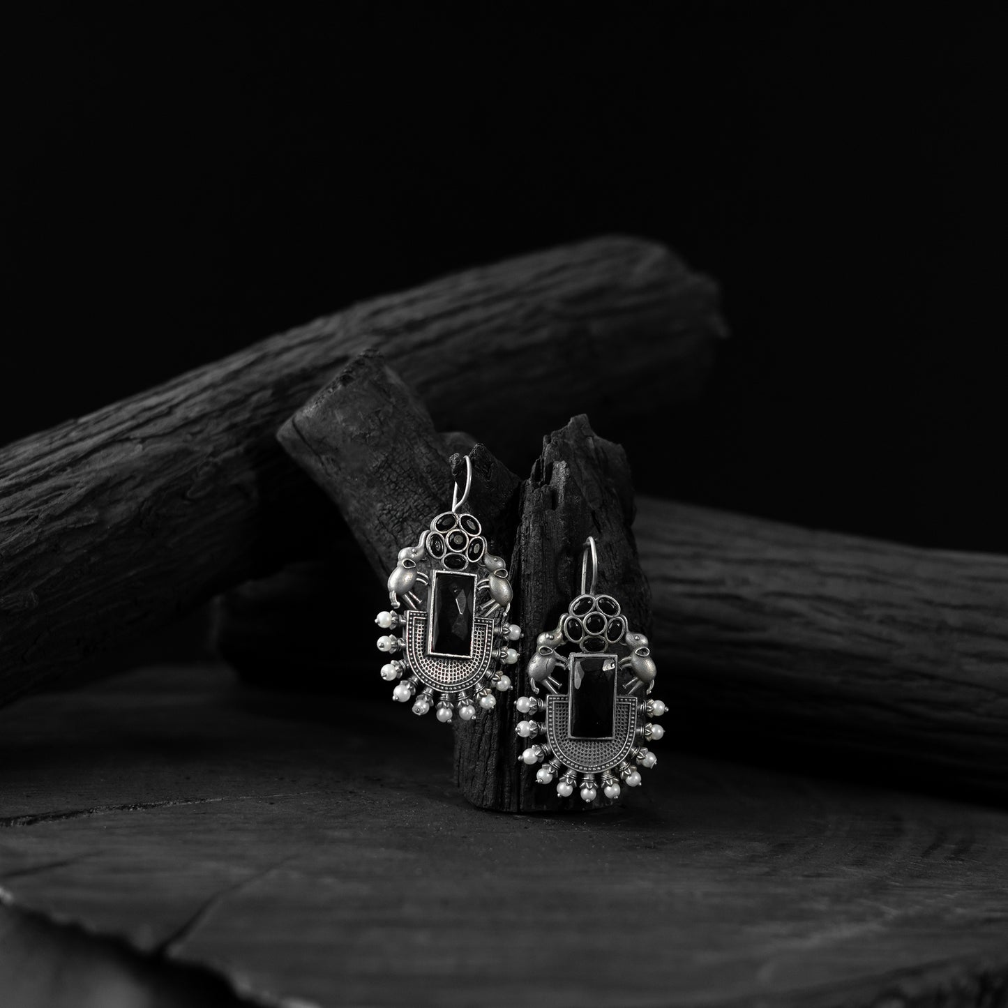 Saanjh Bela Black Elephant Flower Oxidised Earrings