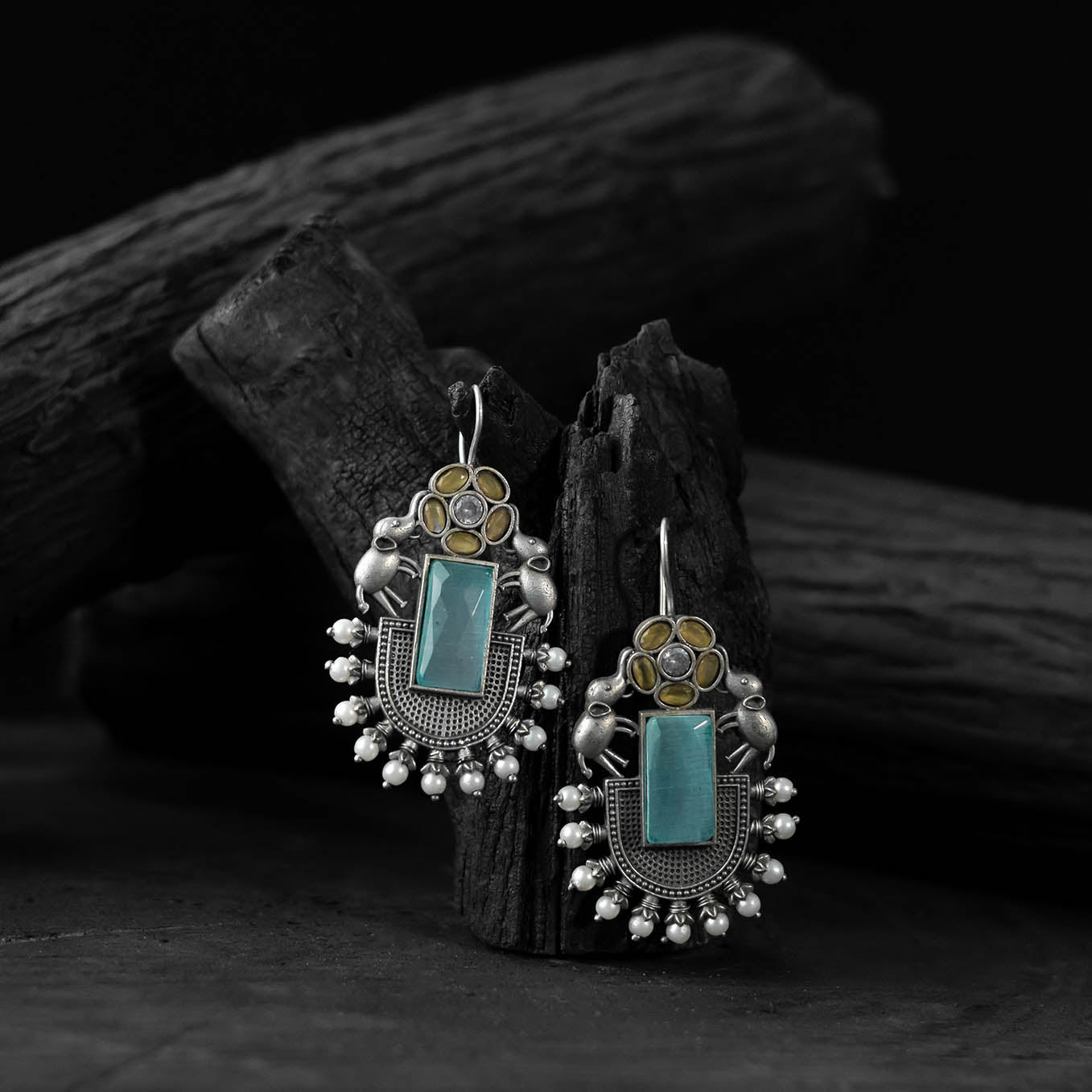 Saanjh Bela Yellow & Blue Elephant Flower Oxidised Earrings