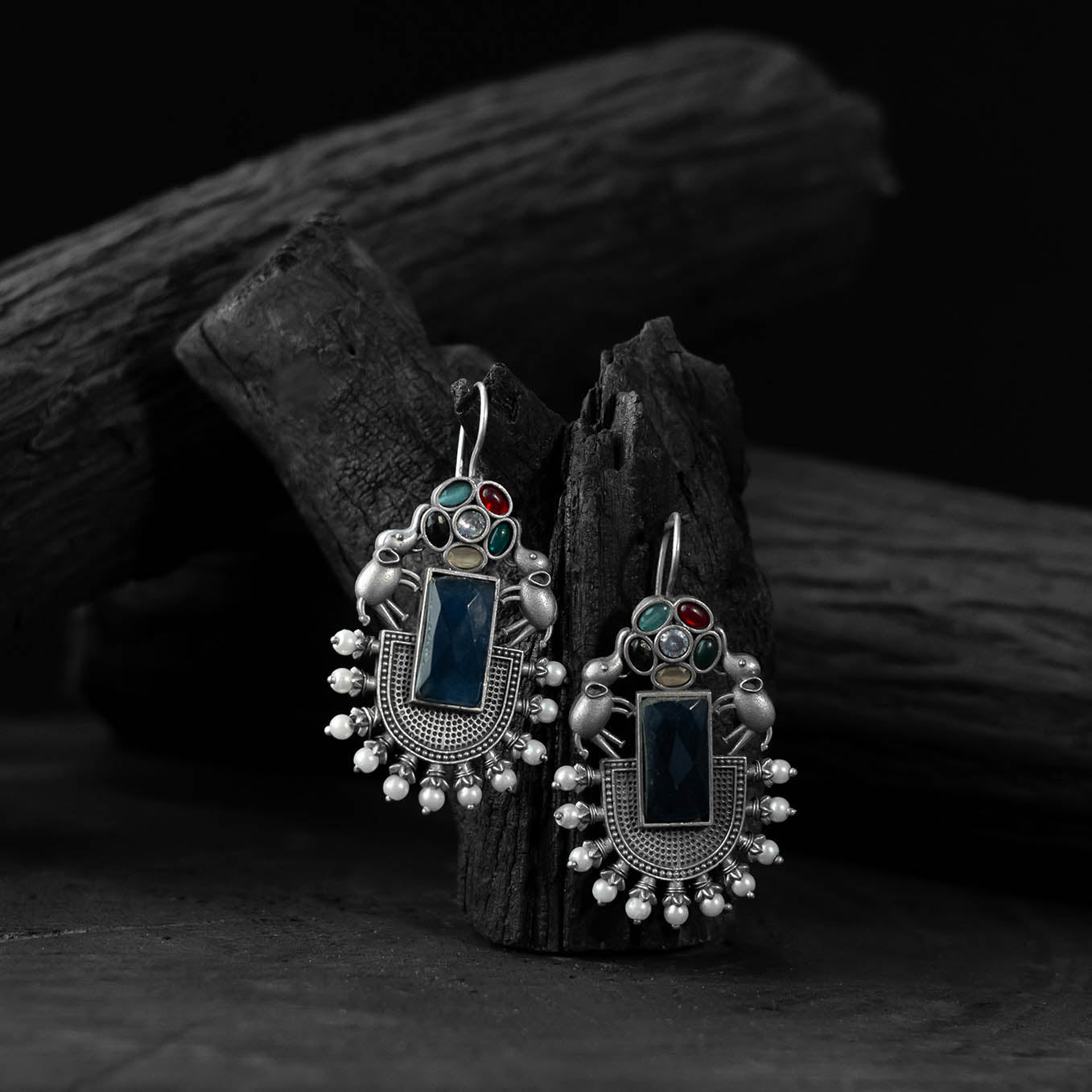 Saanjh Bela Elephant Flower Multicolor Oxidised Earrings