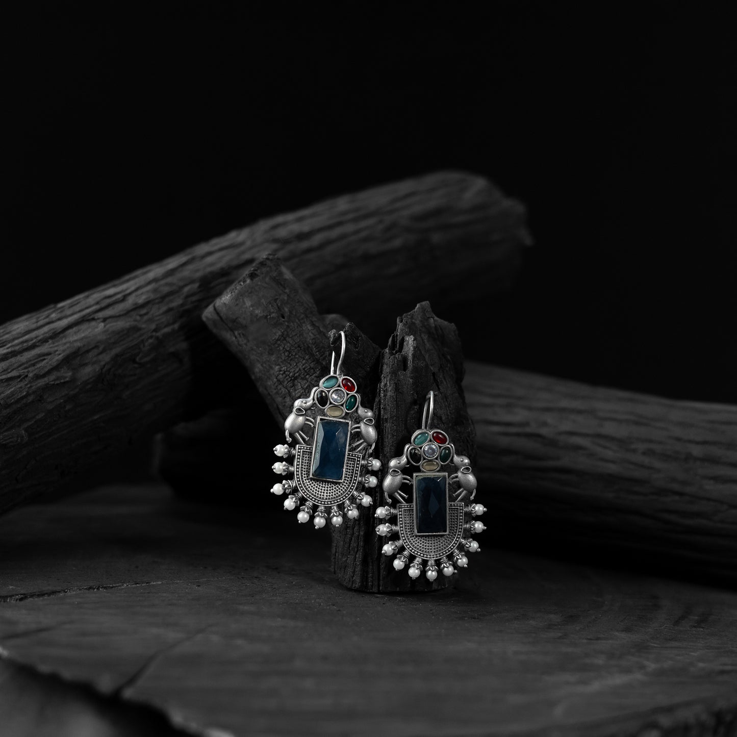 Saanjh Bela Elephant Flower Multicolor Oxidised Earrings
