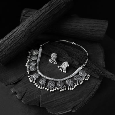Black Floral Saanjh Bela Oxidised Necklace Set