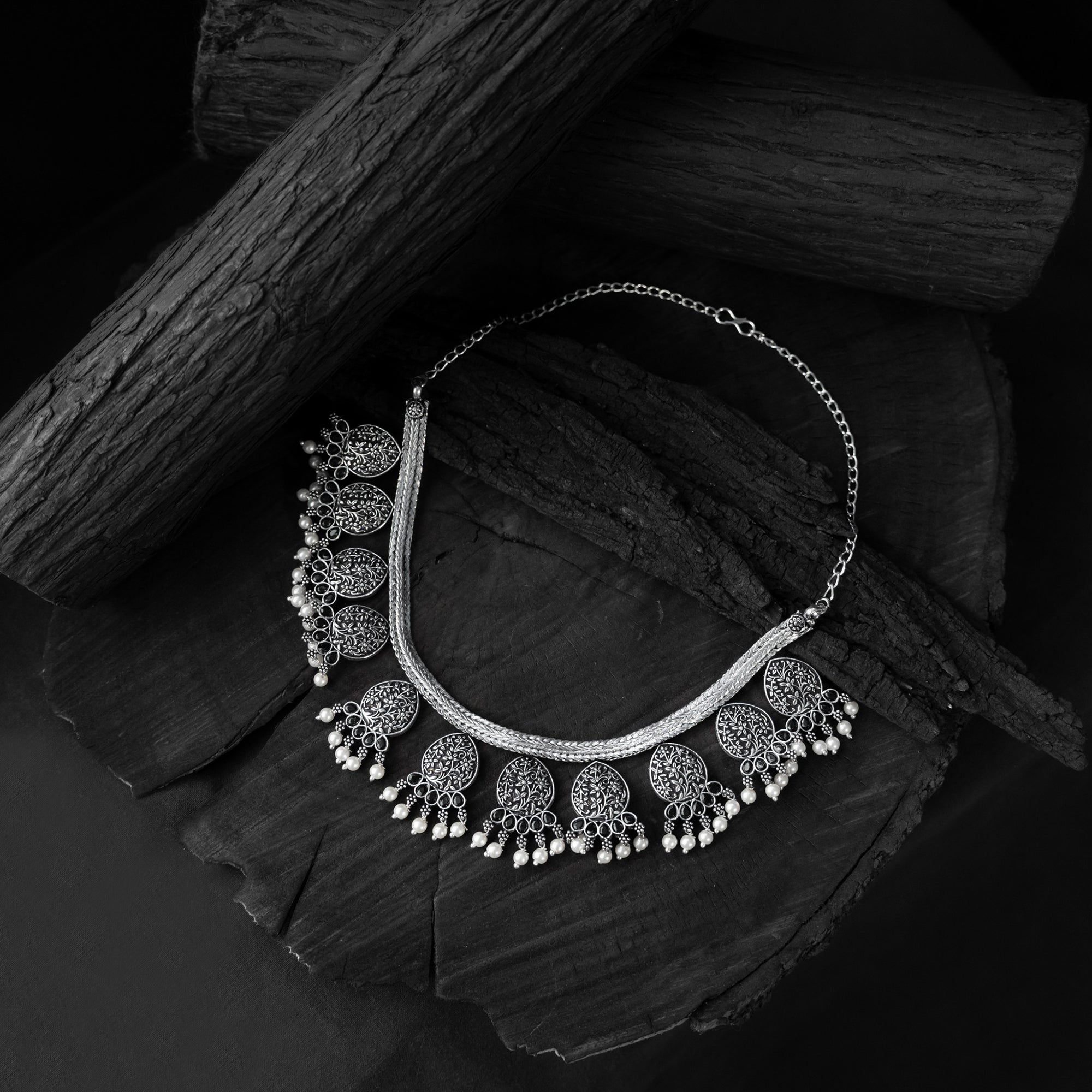 Black Floral Saanjh Bela Oxidised Necklace Set