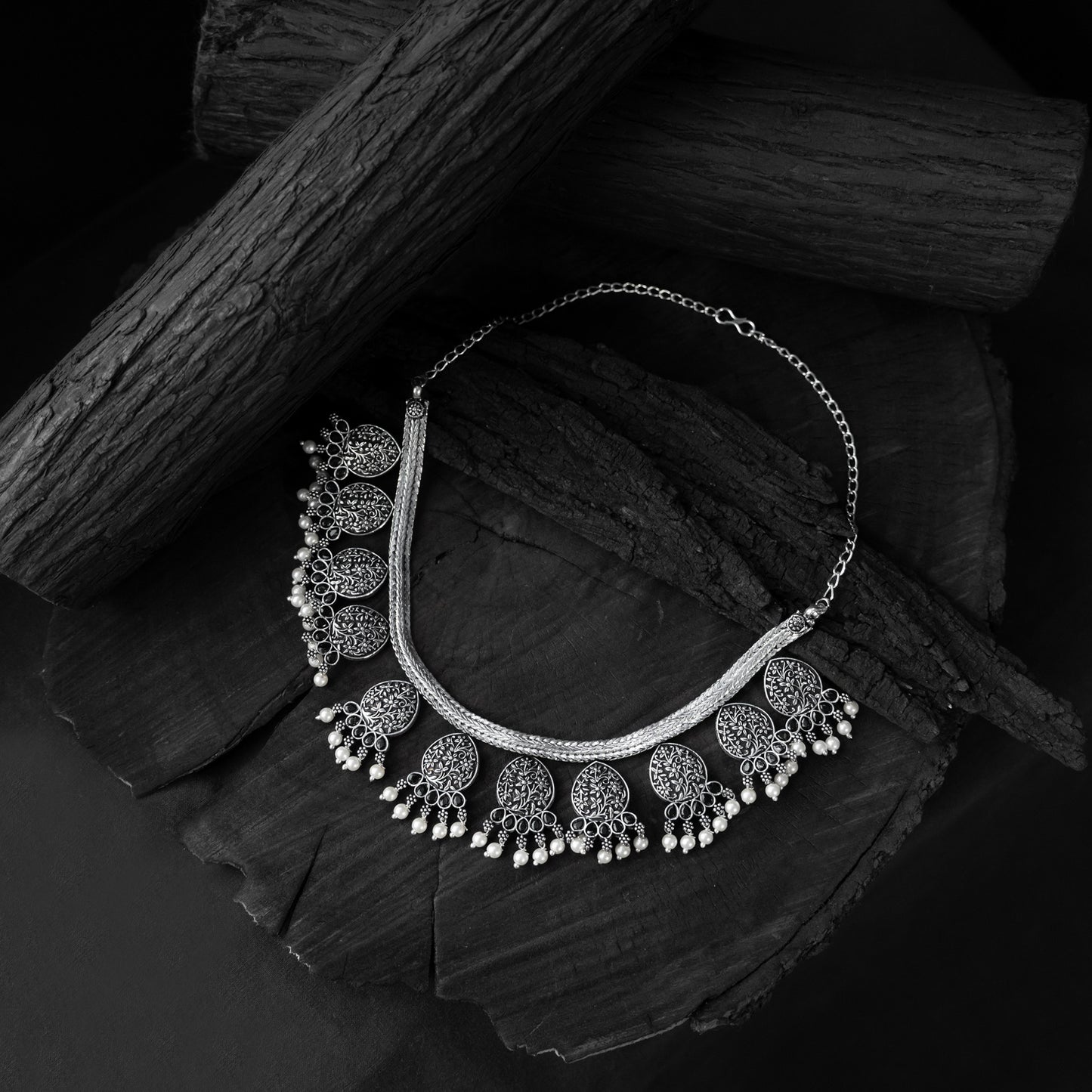 Black Floral Saanjh Bela Oxidised Necklace Set