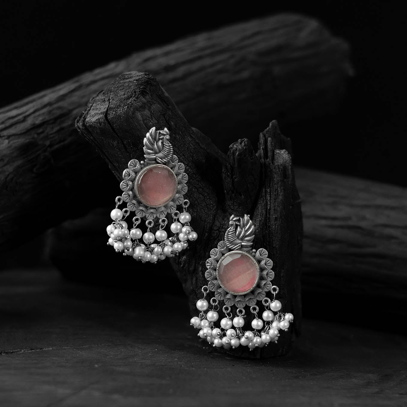 Saanjh Bela Mayura Pink Oxidised Earrings